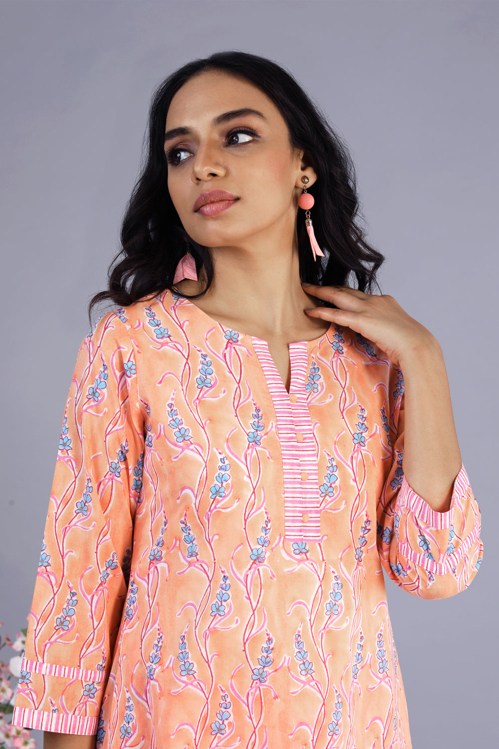 Image of Peach Hand block printed kurti